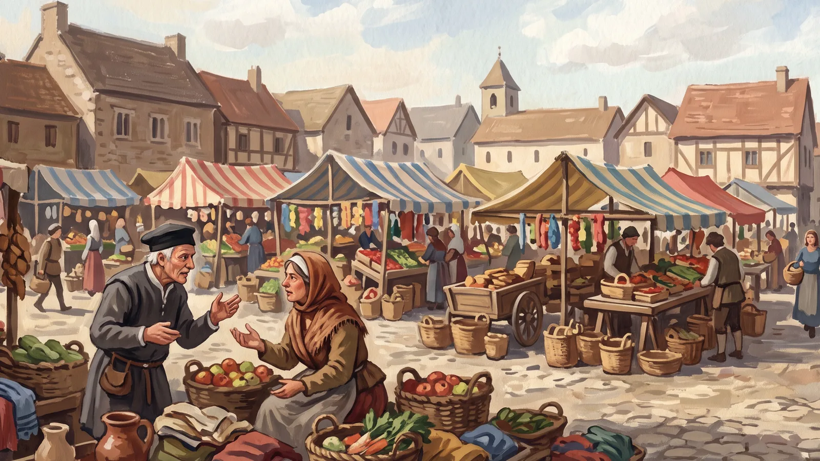Arcane Caravan key art: a painted medieval market square with traders haggling