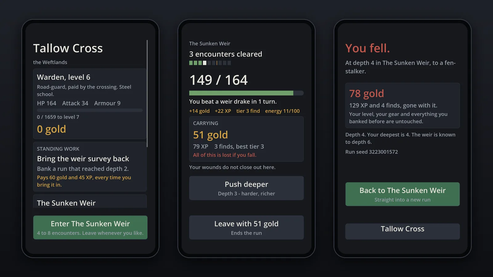 Hearthhold screens: the town of Tallow Cross, a push-deeper-or-leave choice, and a fall