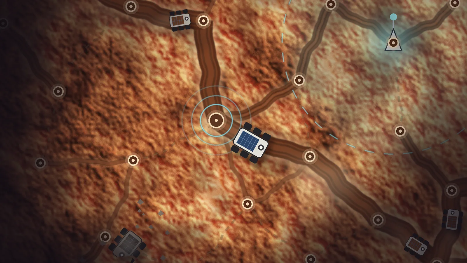 Rover Swarm concept art: a solar rover leaving a junction along a worn rut on a red planet